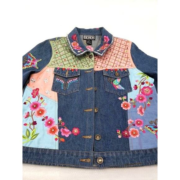 Vintage Berek2 Floral Butterfly Embroidered Sequin Beaded Jean Jacket - Picture 4 of 8